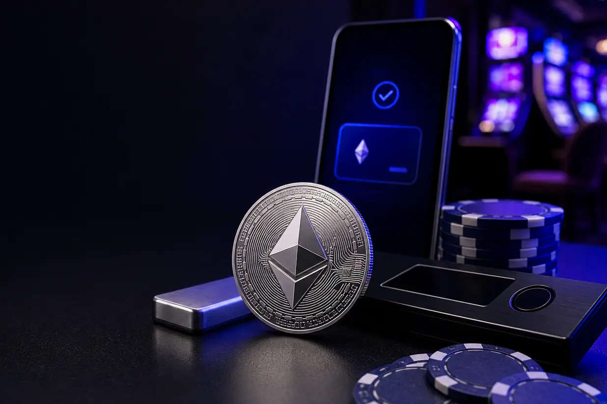 An Ethereum coin beside a phone showing a confirmed payment and a stack of casino chips